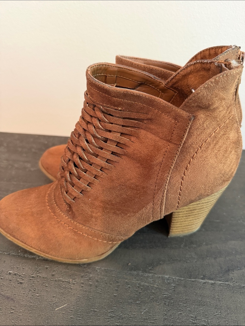 Fergalicious Tan Suede Woven Ankle Booties